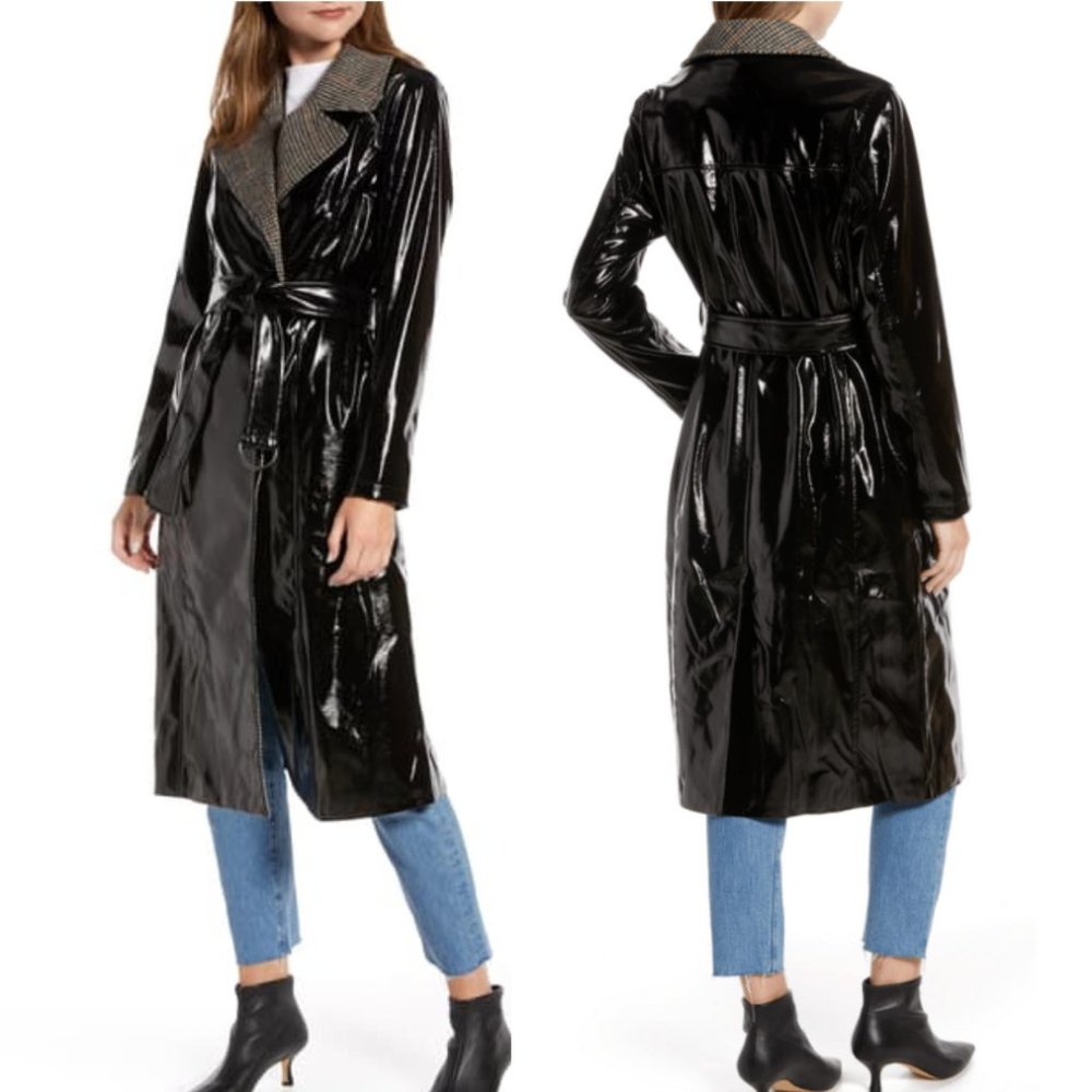 NEW Something Navy Glossy Trench Coat Black